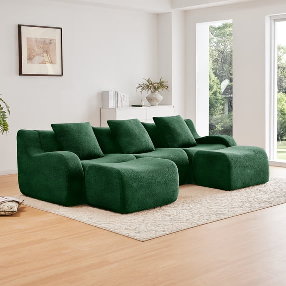 U-shaped Soft Teddy Fabric Boneless Sofa, Green, Curved Armrest Anti-Slip, 32D Sponge Streamlined, Assembly Chaise No Assembly, for Living Room Reading Nook