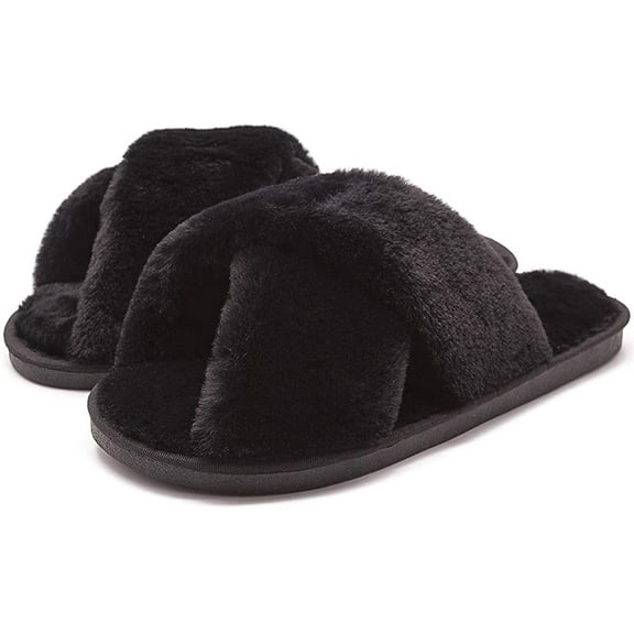 U-slide Women’s Cross Band Soft Plush Fluffy Furry Fleece House Indoor or Outdoor Ladies’ Slide Slippers, Black, 5-6