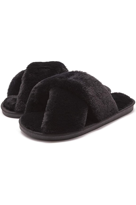 Women’s Cross Band Soft Plush Fluffy Furry Fleece House Indoor or Outdoor Ladies’ Slide Slippers, Black, 5-6