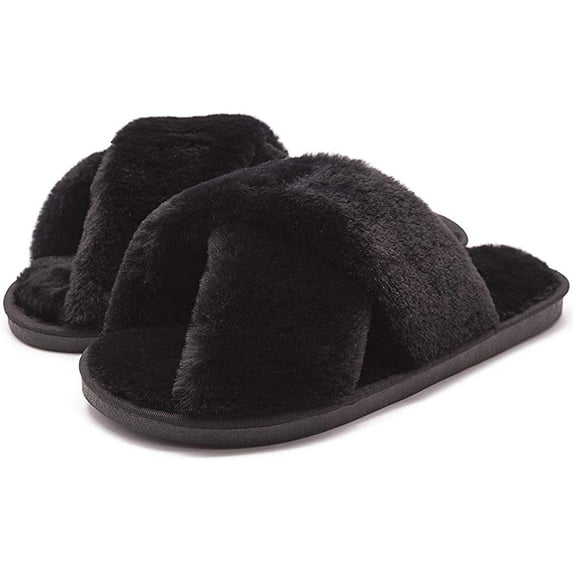 U-slide Women’s Cross Band Soft Plush Fluffy Furry Fleece House Indoor or Outdoor Ladies’ Slide Slippers, Black, 7-8