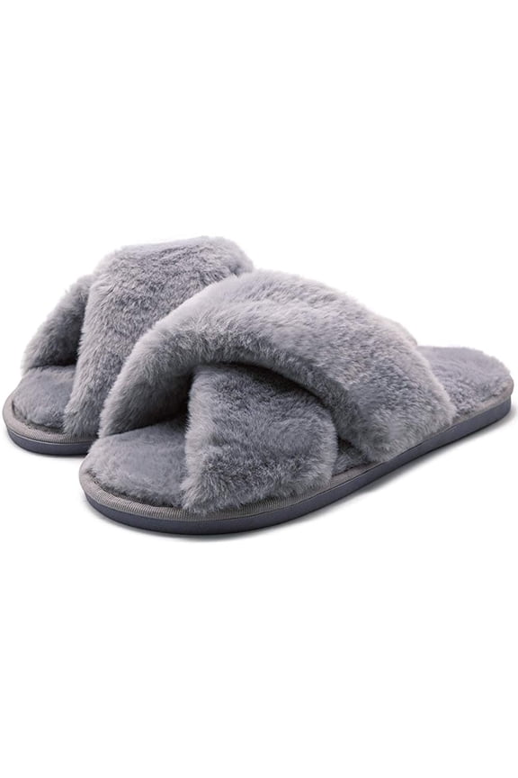 Women’s Cross Band Soft Plush Fluffy Furry Fleece House Indoor or Outdoor Ladies’ Slide Slippers, Gray, 7-8