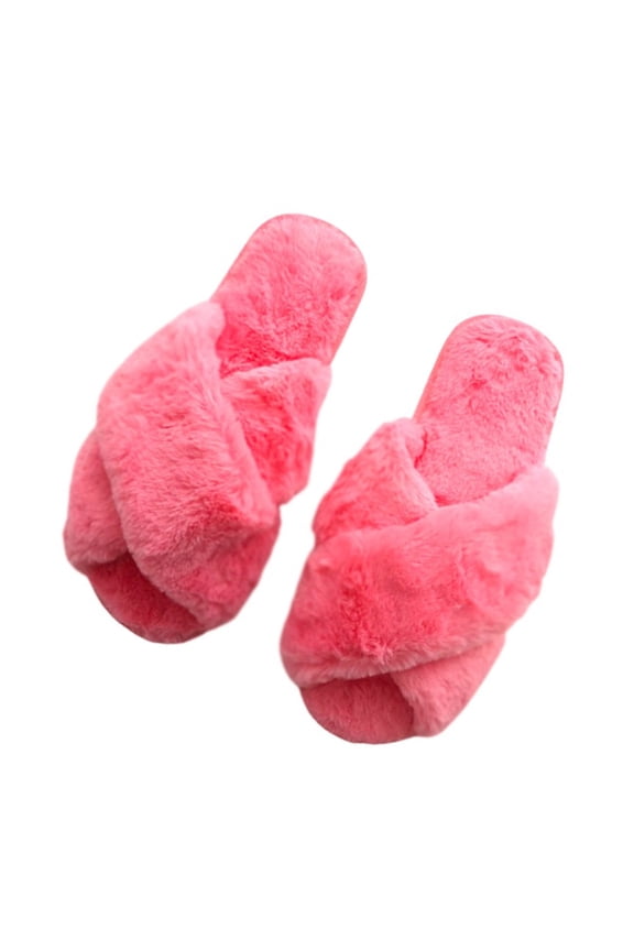 Women’s Cross Band Soft Plush Fluffy Furry Fleece House Indoor or Outdoor Ladies’ Slide Slippers, Pink, 11-12