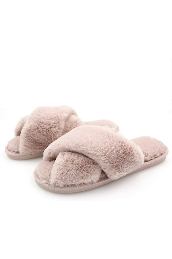 Women’s Cross Band Soft Plush Fluffy Furry Fleece House Indoor or Outdoor Ladies’ Slide Slippers, Powder Pink, 9-10