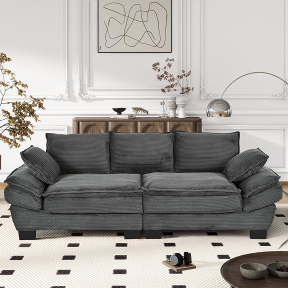 U-style 85.4" Corduroy Bedroom . Soft And Skin-. 2 Throw Pillows. Spacious Seat, Frame. Easy Assembly. Add Style Comfort To Your Space With Cover, Decorative Pillows, For Living Room, Bedroom,