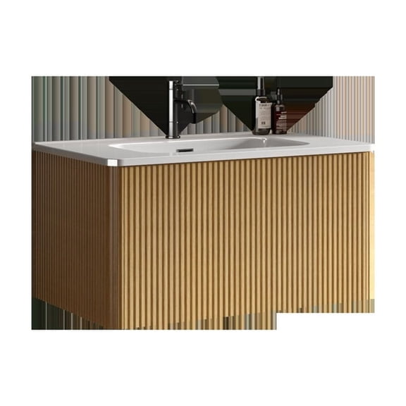 U049-Etna30W-306 Etna 30" Striped Natural Oak Bathroom Vanity with White Ceramic Sink, Wall Mounted Floating Bathroom Vanity for Modern Bathroom, One-Piece White Basin without Drain, Pre-ass