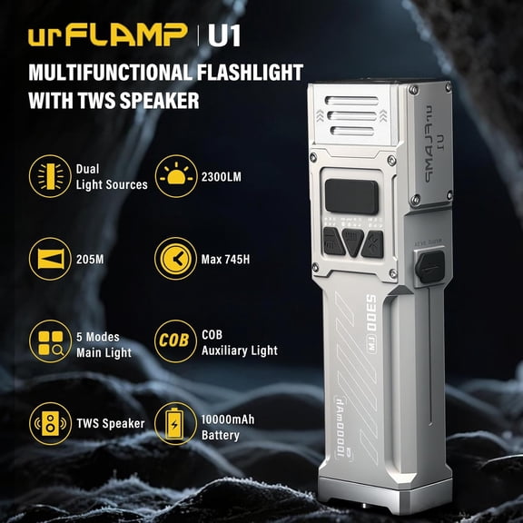 U1 Music Flashlight with Bluetooth Speaker, Color Temperature Adjustable, Fast Charging and Discharging, Angel Adjustable Camping Lantern, IP67, Multi-Functional for Hiking, Camping(White)