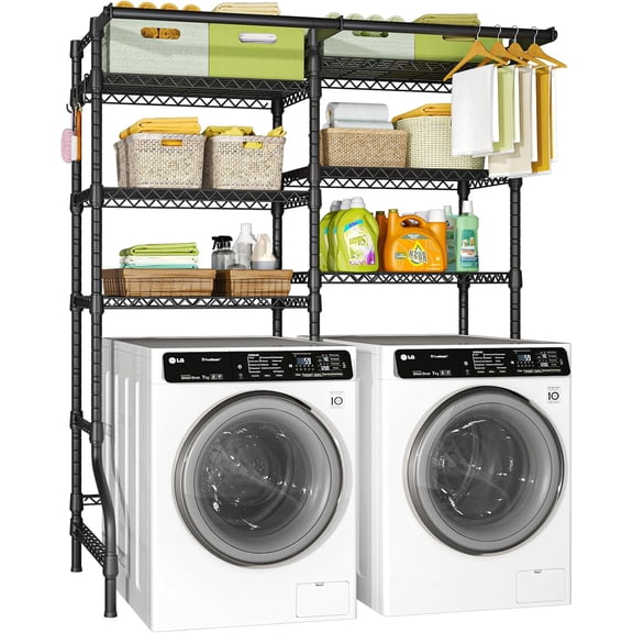 U13 Medium Over Washer and Dryer Storage Shelves, 6 Tiers Laundry Room Standing Shelf with 2 Hanger Rods, Space Saver Clothes Drying Rack, 57.8" W x 22" D x 77.4" H, Black