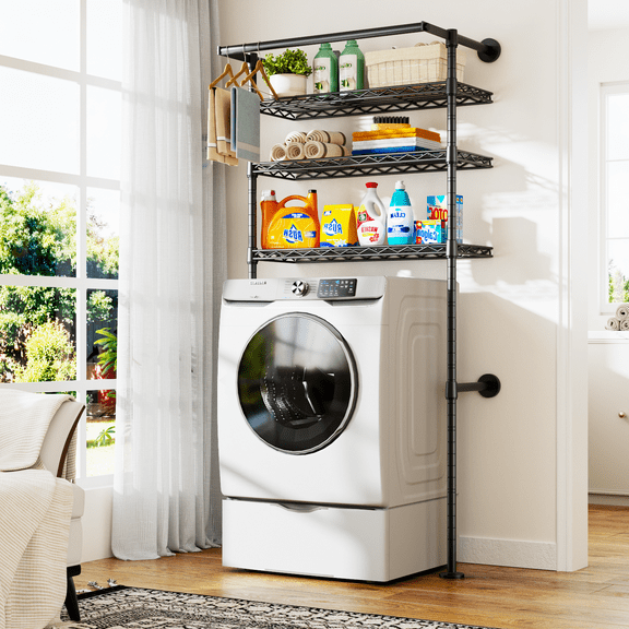 U17 Wall Mounted Over Washer & Dryer Laundry Storage Rack, 35"W Heavy-Duty Metal Organizer Shelf with 3 Adjustable Tiers & Hanging Rod, Space-Saving Laundry Room Shelving