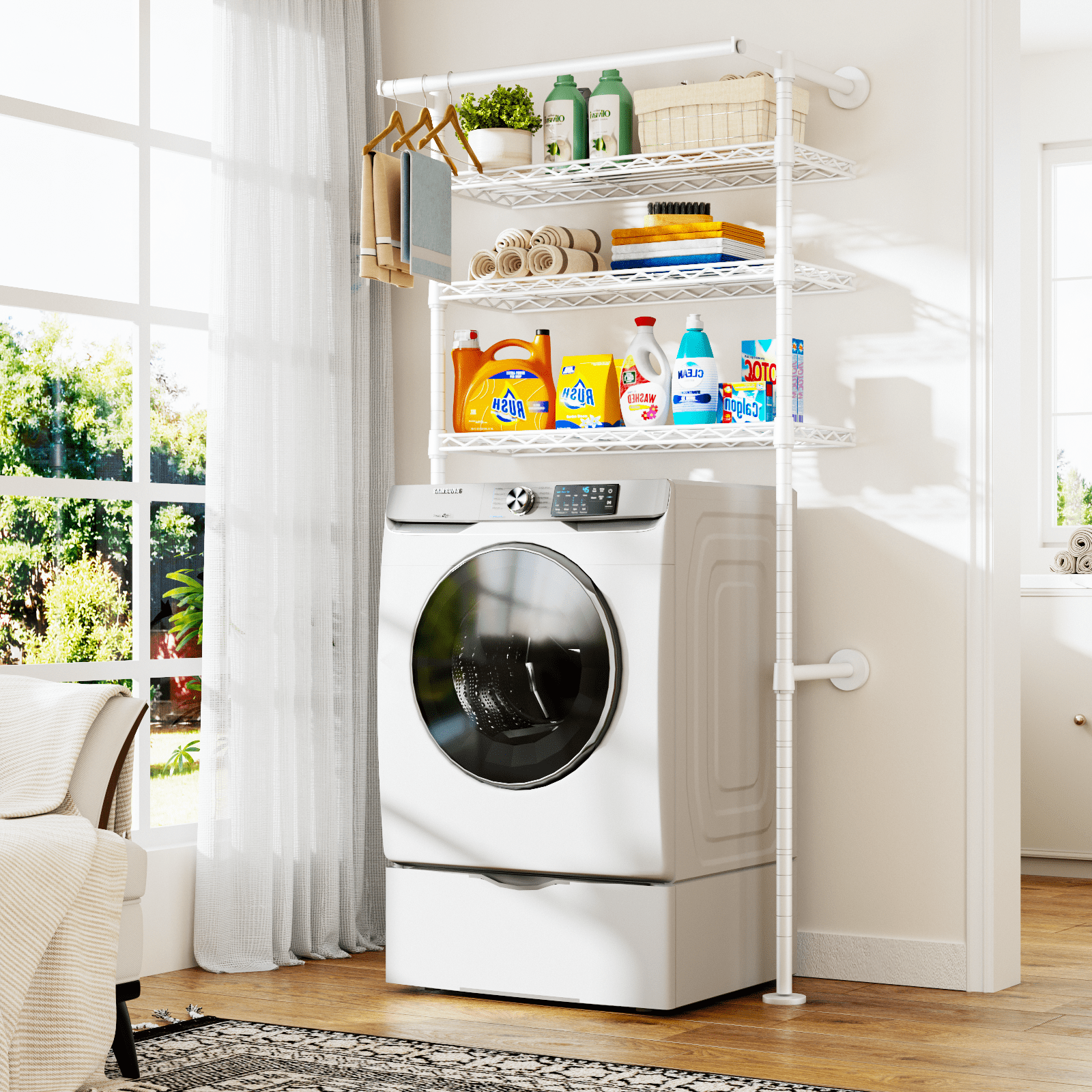 ULIFHOME U17 over-washer laundry storage rack with hanger rod, shown in white