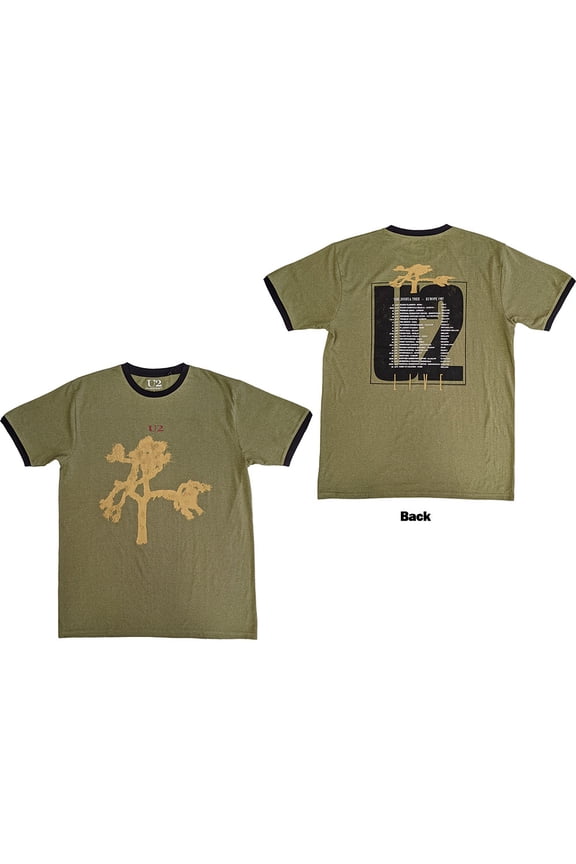 U2 Unisex Ringer T-Shirt Joshua Tree Europe 1987. (Green) (Back Print) (Large)