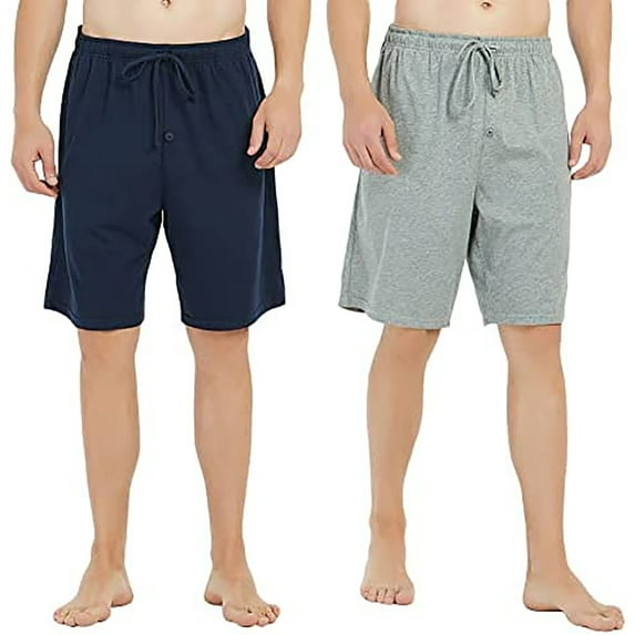 U2SKIIN 2 Pack Mens 100% Cotton Pajama Shorts, Lightweight Lounge Pant with Pockets Soft Sleep Pj Bottoms(Navy/Light Gray Mel,2XL)
