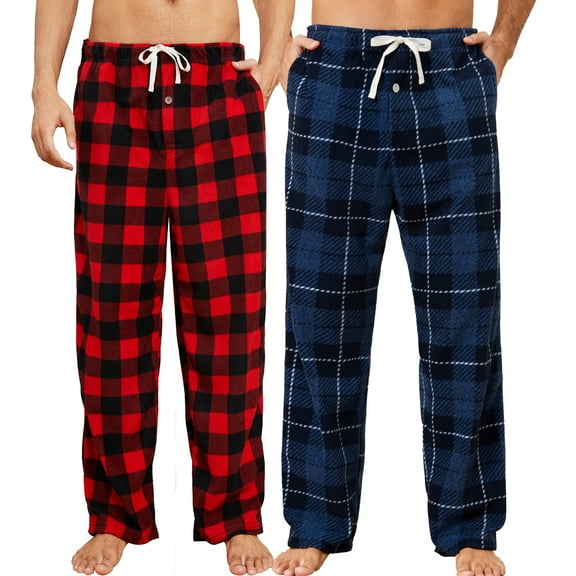 U2SKIIN 2 Pack Mens Fleece Pajama Pants, with Pockets Plaid Pj Bottoms Soft Lounge,L