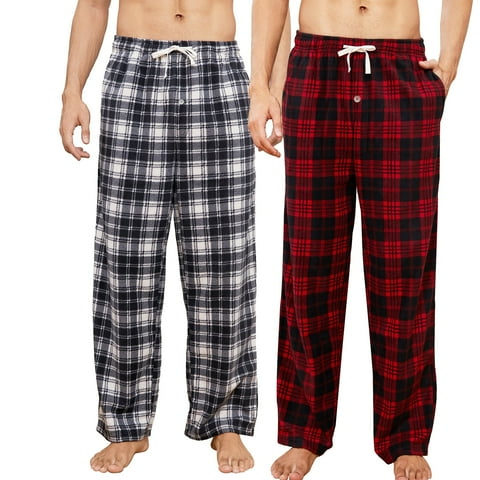 2 Pack Mens Fleece Pajama Pants, with Pockets Plaid Pj Bottoms Soft Lounge,L