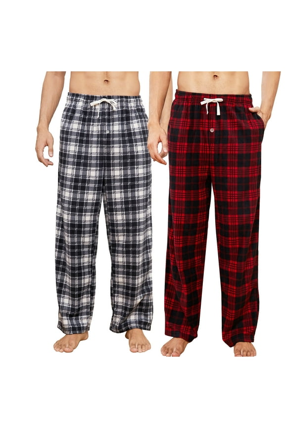 2 Pack Mens Fleece Pajama Pants, with Pockets Plaid Pj Bottoms Soft Lounge,L