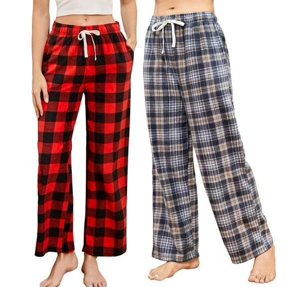U2SKIIN 2 Pack Women Fleece Pajama Pants, Comfy Plaid PJ Bottoms For Women with Pockets Soft Warm（Buffalo Plaid-Red/Grey-Yellow Plaid, M）