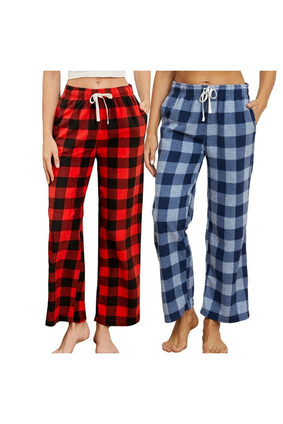 2 Pack Women Fleece Pajama Pants, Comfy Plaid PJ Bottoms For Women with Pockets Soft Warm(Buffalo Plaid-Red/Navy-Blue Mel. Plaid, M)