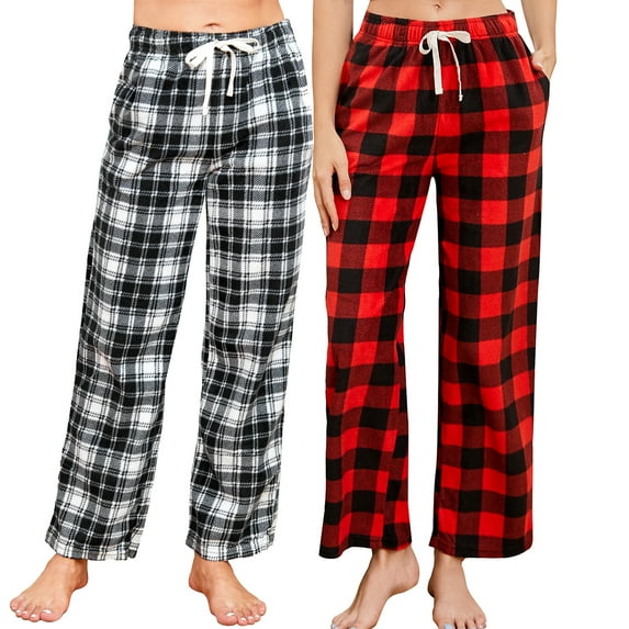 U2SKIIN 2 Pack Women Fleece Pajama Pants, Comfy Plaid PJ Bottoms For Women with Pockets Soft Warm(Buffalo Plaid-Red / White-Black Plaid, XL)