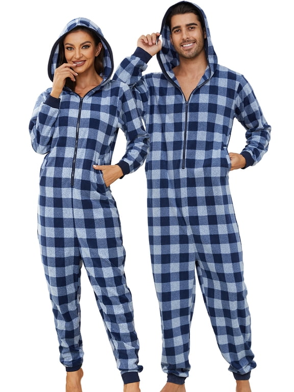 Couple Onesie Pajama Sets, Hooded Zipper Christmas Matching Plaid Pjs Set for Men and Women Soft Warm Jumpsuit (Mens Navy-Blue Mel. Plaid , XL)