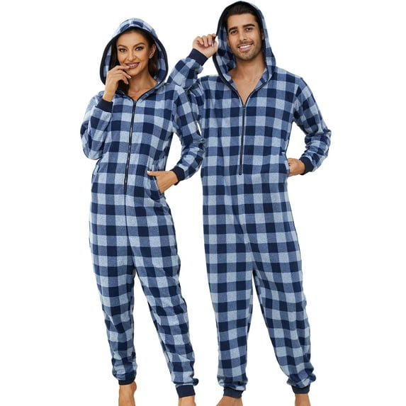U2SKIIN Couple Onesie Pajama Sets, Hooded Zipper Christmas Matching Plaid Pjs Set for Men and Women Soft Warm Jumpsuit (Womens Navy-Blue Mel. Plaid , XL)