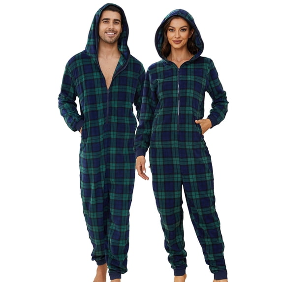 U2SKIIN Couple Onesie Pajama Sets, Hooded Zipper Christmas Matching Plaid Pjs Set for Men and Women Soft Warm Jumpsuit (Mens Blue Green Plaid, M)
