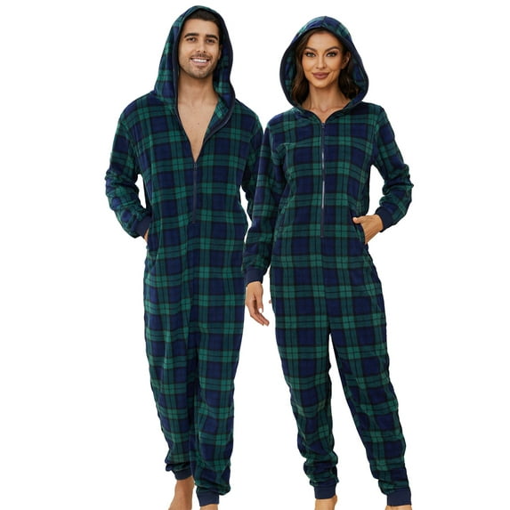 U2SKIIN Couple Onesie Pajama Sets, Hooded Zipper Christmas Matching Plaid Pjs Set for Men and Women Soft Warm Jumpsuit (Womens Blue Green Plaid, 2XL)