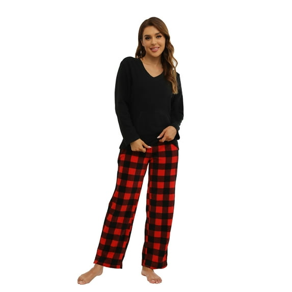 U2SKIIN Couple Pajama Sets, Plaid Matching Pajama Set for Men and Women Soft Warm Pjs Set(Black/Buffalo Plaid-red Womens, Large)