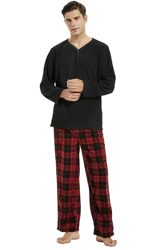 Couple Pajama Sets, Plaid Matching Pajama Set for Men and Women Soft Warm Pjs Set(Black/Red-black Plaid Mens, Large)
