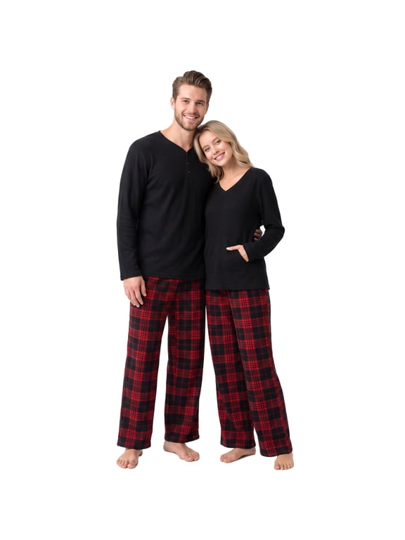 Couple Pajama Sets, Plaid Matching Pajama Set for Men and Women Soft Warm Pjs Set(Black/Red-black Plaid Mens, Large)