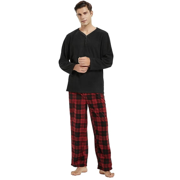 U2SKIIN Couple Pajama Sets, Plaid Matching Pajama Set for Men and Women Soft Warm Pjs Set(Black/Red-black Plaid Mens, XX-Large)