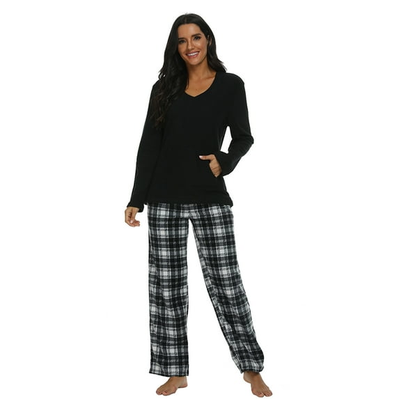 U2SKIIN Couple Pajama Sets, Plaid Matching Pajama Set for Men and Women Soft Warm Pjs Set(Black /White-black Plaid Womens, Small)