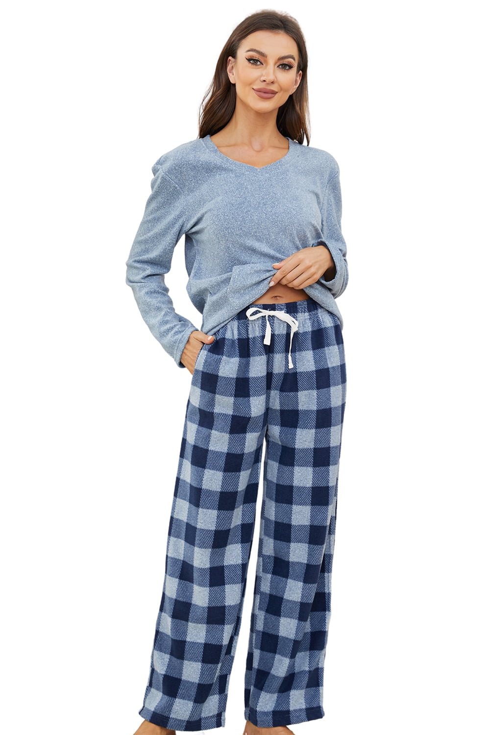 U2SKIIN Couple Pajama Sets, Plaid Matching Pajama Set for Men and Women  Soft Warm Pjs Set（Blue Mel./Navy-Blue Mel.Plaid Mens, X-Large） 