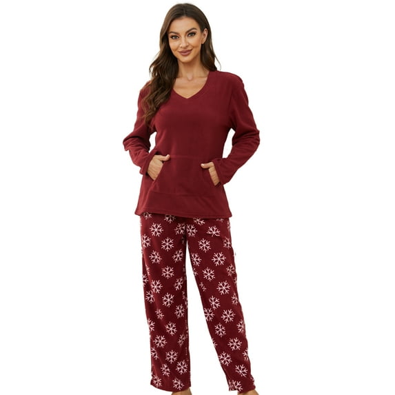 U2SKIIN Couple Pajama Sets, Plaid Matching Pajama Set for Men and Women Soft Warm Pjs Set(Burgundy/Burgundy-Snow Womens, Small)