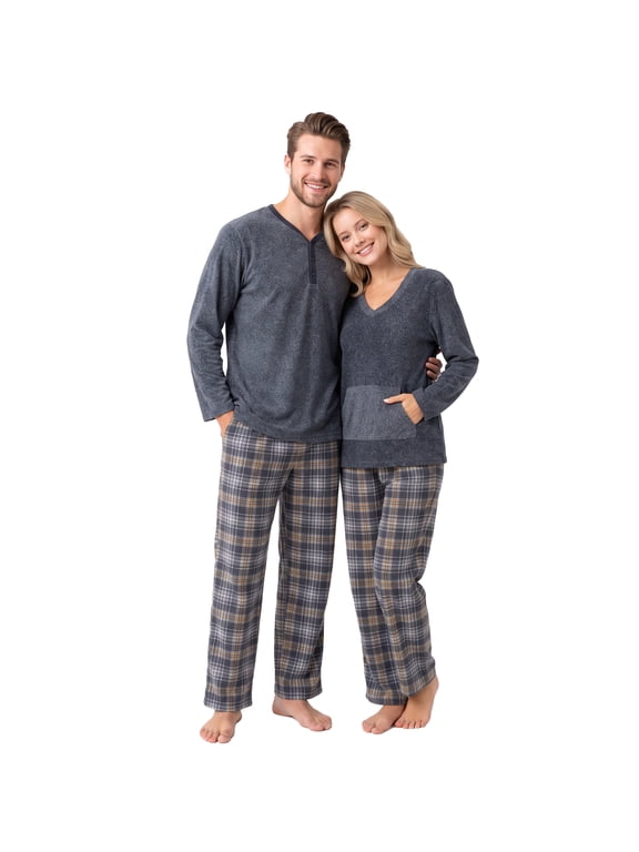 Couple Pajama Sets, Plaid Matching Pajama Set for Men and Women Soft Warm Pjs Set(Dark Grey/Grey-Yellow Plaid Womens, Medium)