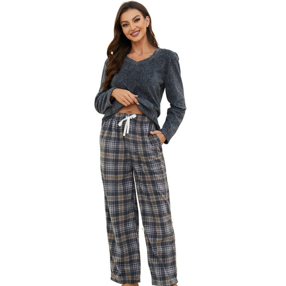 U2SKIIN Couple Pajama Sets, Plaid Matching Pajama Set for Men and Women Soft Warm Pjs Set（Dark Grey/Grey-Yellow Plaid Womens, X-Large）