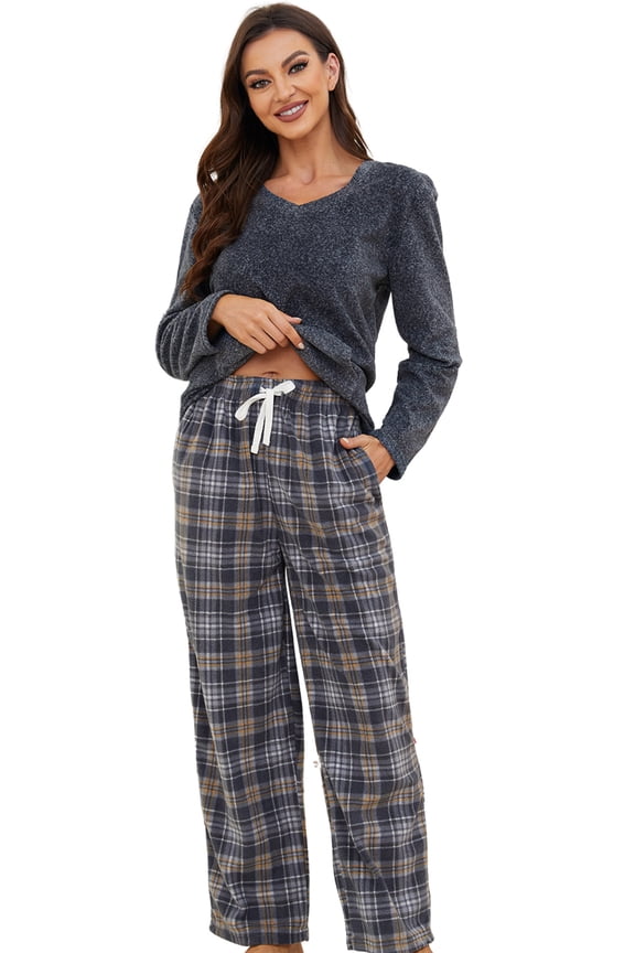 Couple Pajama Sets, Plaid Matching Pajama Set for Men and Women Soft Warm Pjs Set（Dark Grey/Grey-Yellow Plaid Womens, X-Large）