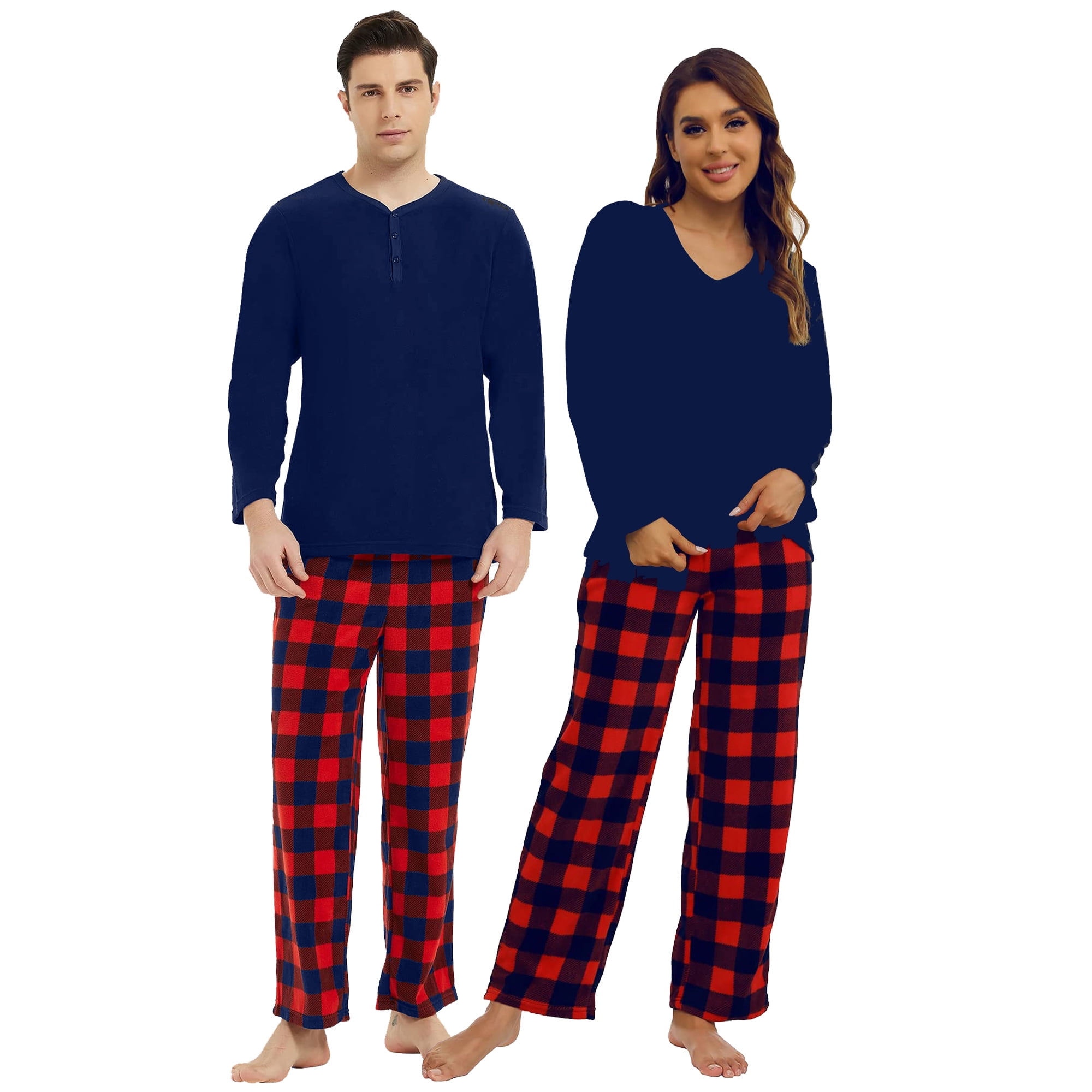 U2SKIIN Couple Pajama Sets, Plaid Matching Pajama Set for Men and Women Soft Warm Pjs Set（Navy