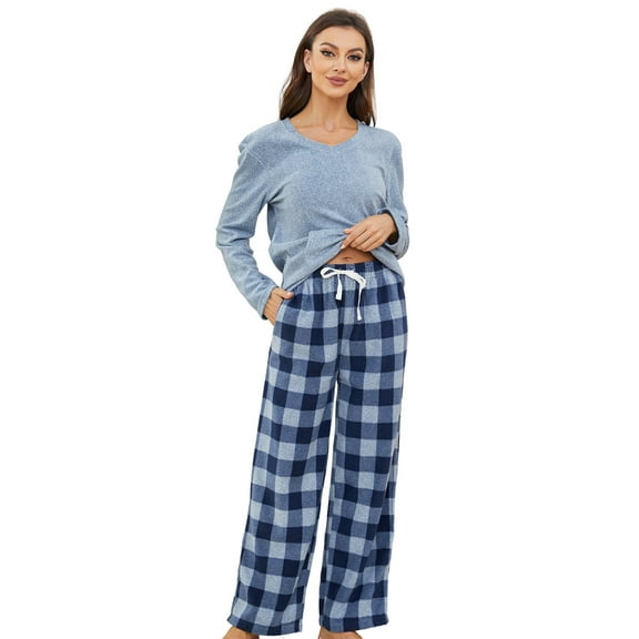 U2SKIIN Couple Pajama Sets, Plaid Matching Pajama Set for Men and Women Soft Warm Pjs Set (Blue Mel./Navy-Blue Mel. Plaid Womens, Medium)