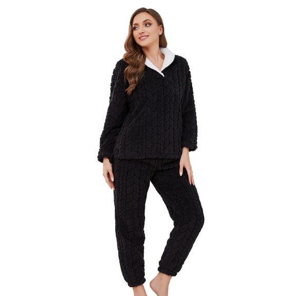 U2SKIIN Fluffy Pajamas set for Women Fleece Pullover 2 Piece Pjs Set Soft Plush Sleepwear Winter Loungewear(Black, 2XL）
