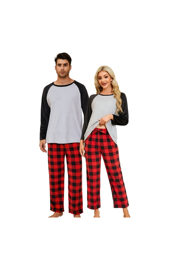Matching Pajamas for Couples, Plaid Ultra Soft Pullover Pjs Set for Men Warm Loungewear(Black/Buffalo Plaid-Red,L)
