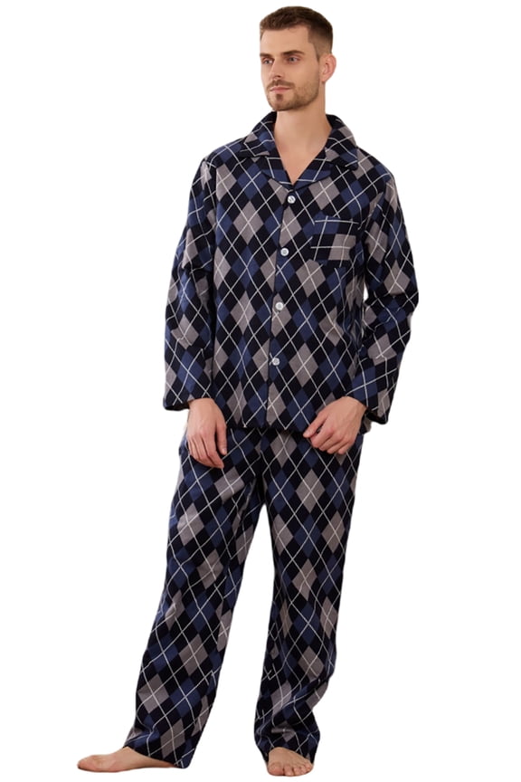 Men Button Down Pajama Set, 100% Cotton Lounge Plaid Fun Prints Sleepwear With Pockets,(Blue Grey Rhombus Plaid,M)