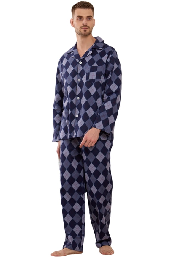 Men Button Down Pajama Set, 100% Cotton Lounge Plaid Fun Prints Sleepwear With Pockets,(Navy Rhombus Plaid,L)