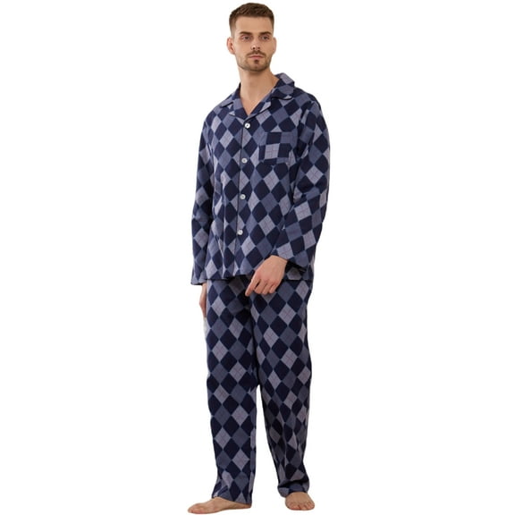 U2SKIIN Men Button Down Pajama Set, 100% Cotton Lounge Plaid Fun Prints Sleepwear With Pockets,(Navy Rhombus Plaid,XL)