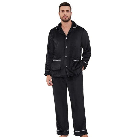 U2SKIIN Men Fleece Pajama set, Long Sleeve Button Down Soft Sleepwear,(Black,S)