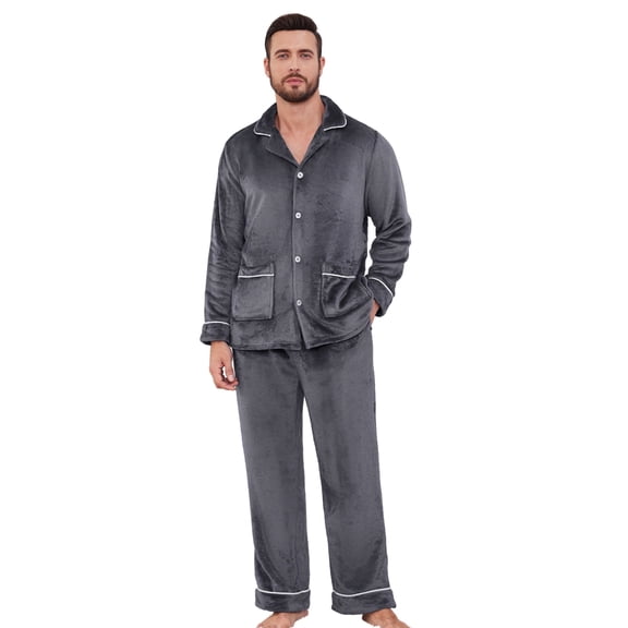 U2SKIIN Men Fleece Pajama set, Long Sleeve Button Down Soft Sleepwear,(Dark Grey,M)