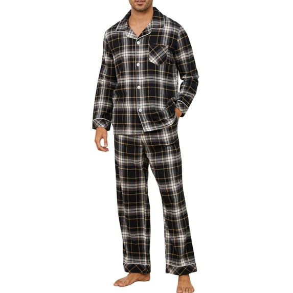 U2SKIIN Men's 100% Cotton Flannel Pajama Sets, Soft Plaid PJS Long Sleeve Sleepwear 2 Piece Button Down Lounge Set(Black- Yellow Plaid,Large)