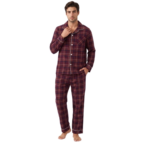 U2SKIIN Men's 100% Cotton Flannel Pajama Sets, Soft Plaid PJS Long Sleeve Sleepwear 2 Piece Button Down Lounge Set(Burgundy Brown Plaid,Small)