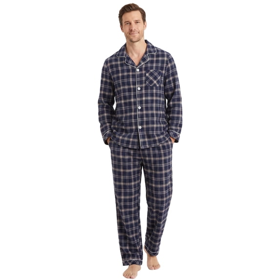 U2SKIIN Men's 100% Cotton Flannel Pajama Sets, Soft Plaid PJS Long Sleeve Sleepwear 2 Piece Button Down Lounge Set(Navy -Beige Plaid,M)