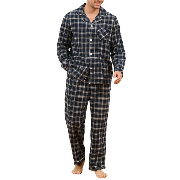 U2SKIIN Men's 100% Cotton Flannel Pajama Sets, Soft Plaid PJS Long Sleeve Sleepwear 2 Piece Button Down Lounge Set(Navy -Beige Plaid,M)