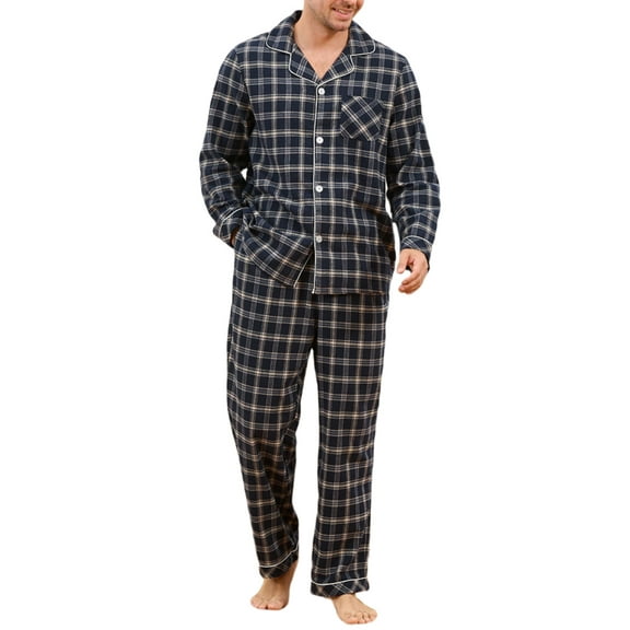 U2SKIIN Men's 100% Cotton Flannel Pajama Sets, Soft Plaid PJS Long Sleeve Sleepwear 2 Piece Button Down Lounge Set(Navy -Beige Plaid,M)
