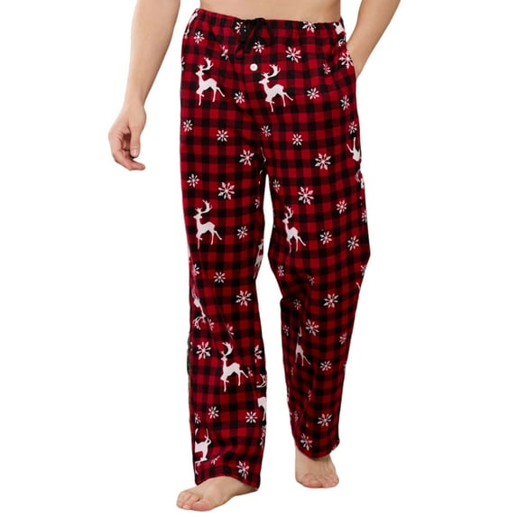 U2SKIIN Mens 100% Cotton Pajama Pants, Fleece Plaid Soft PJS Bottoms with Pockets and Button Fly (BUFFALO PLAID-RED DEER, S)